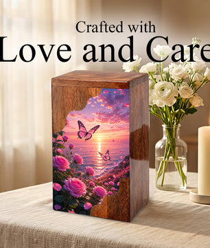 Rose Garden Wooden Cremation Urn – Butterfly Memorial Urn for Human Ashes