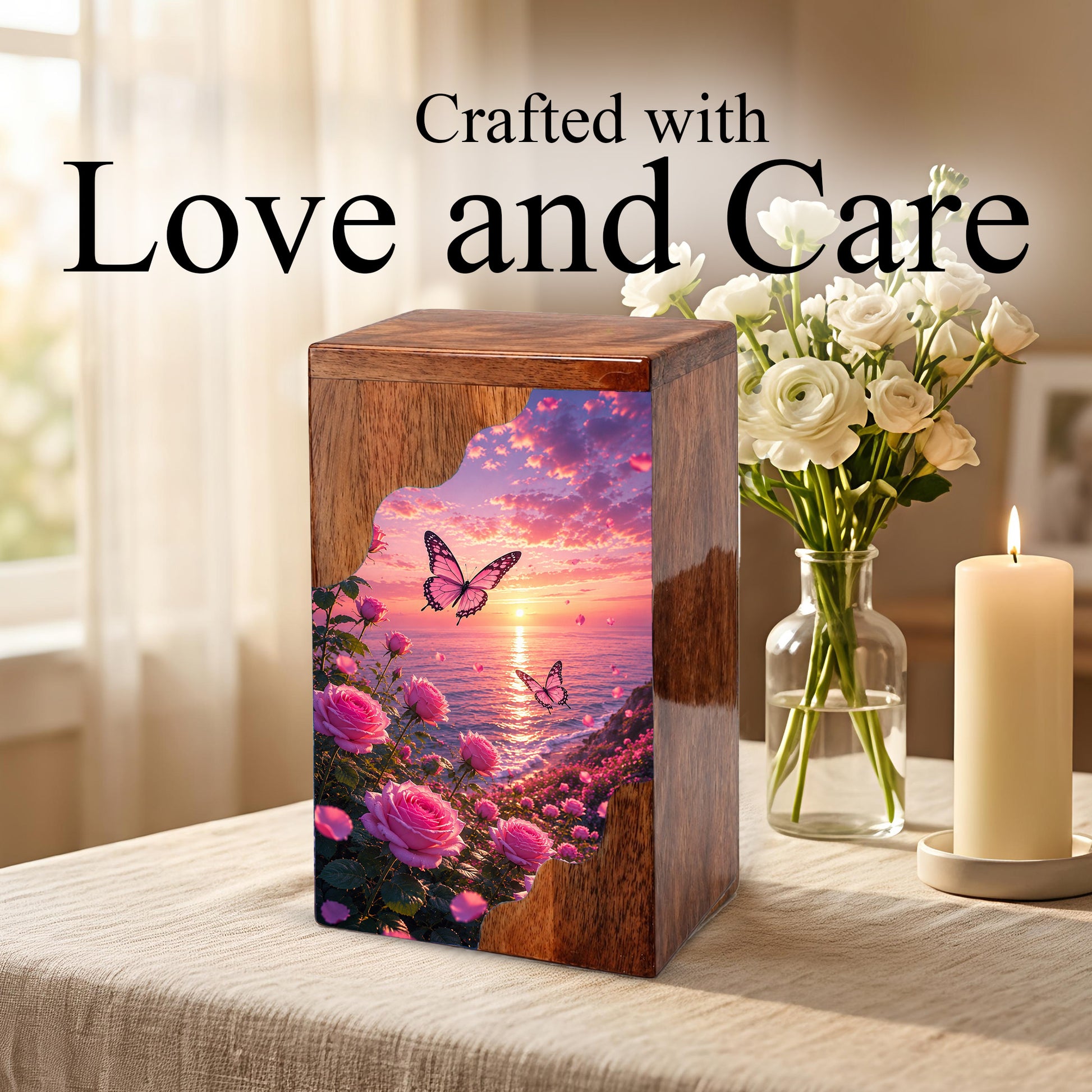 Rose Garden Wooden Cremation Urn – Butterfly Memorial Urn for Human Ashes
