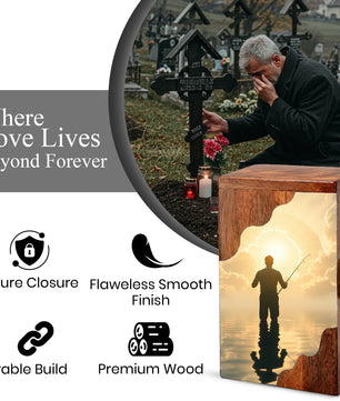 Fishing in Heaven Wooden Cremation Urn – Peaceful Lake Memorial Wooden Urn for Human Ashes