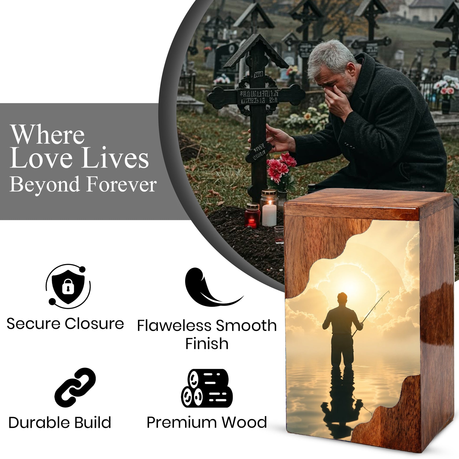 Fishing in Heaven Wooden Cremation Urn – Peaceful Lake Memorial Wooden Urn for Human Ashes