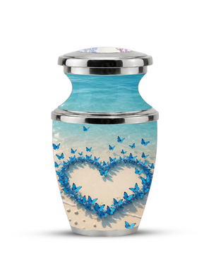 Custom Blue Butterfly Heart Cremation Urn for Mom, Beach Memorial Keepsake Urn