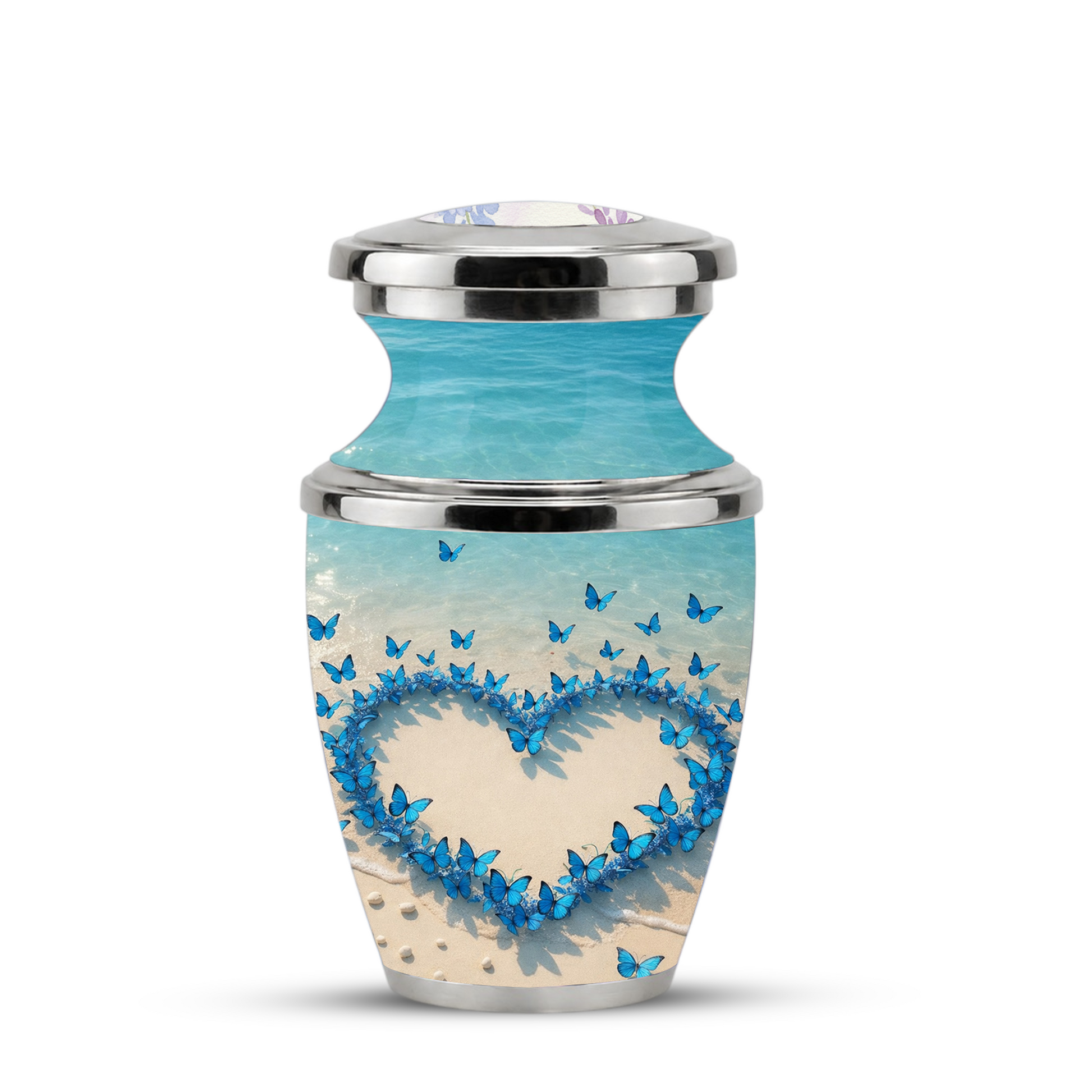 Custom Blue Butterfly Heart Cremation Urn for Mom, Beach Memorial Keepsake Urn