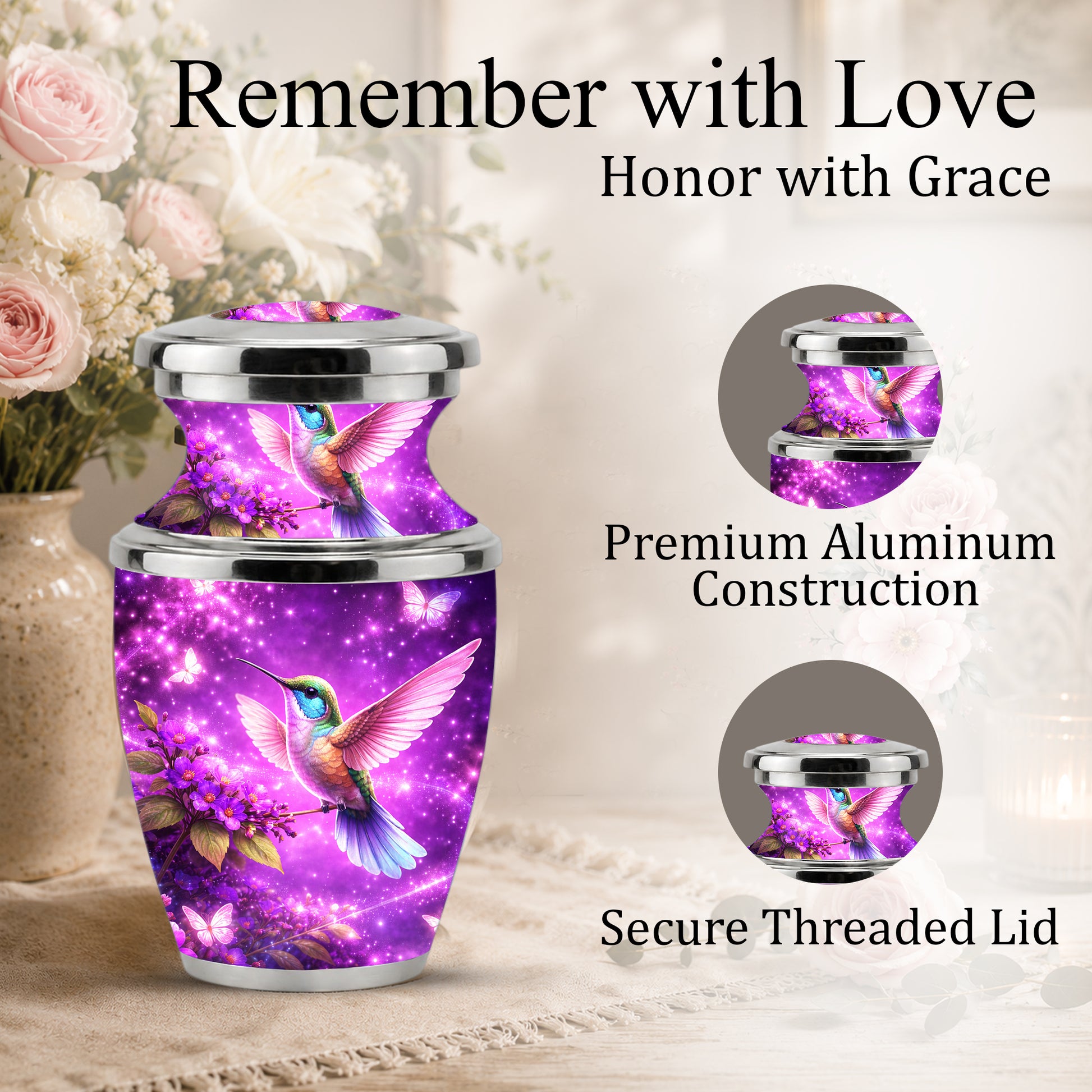 Purple Hummingbird Cremation Urn for Mom, Urn for Human Ashes, Memorial Urn for Mother