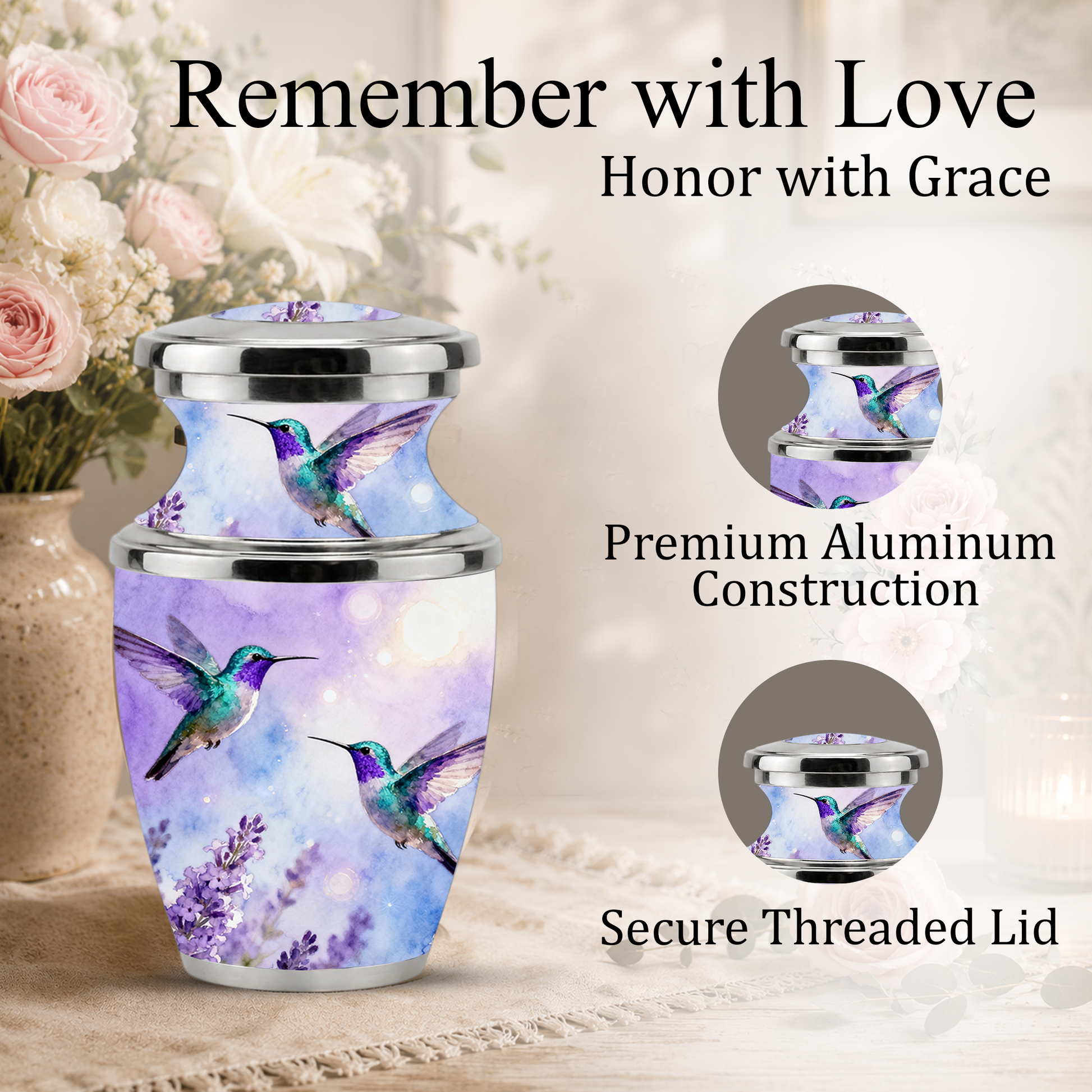 Purple Hummingbird Cremation Urn for Mom, Urn for Human Ashes, Custom Urn for Mother
