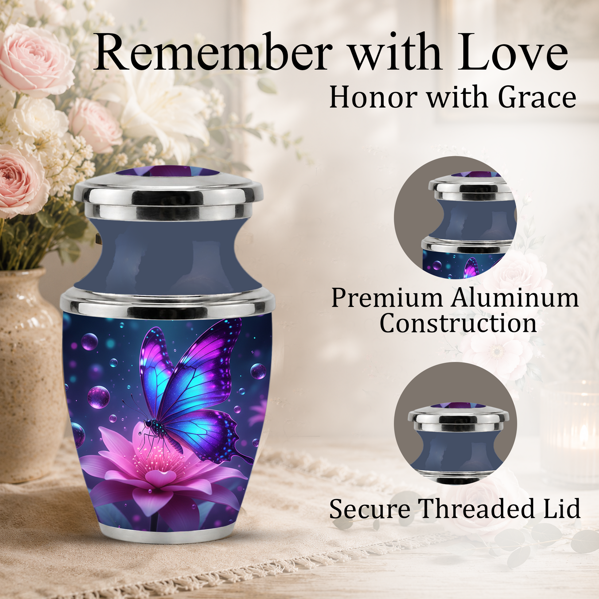 Blue Butterfly Cremation Urn for Mom, Flower Butterfly Personalized Urn for Human Ashes