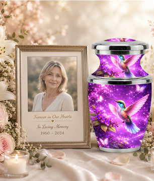 Purple Hummingbird Cremation Urn for Mom, Urn for Human Ashes, Memorial Urn for Mother