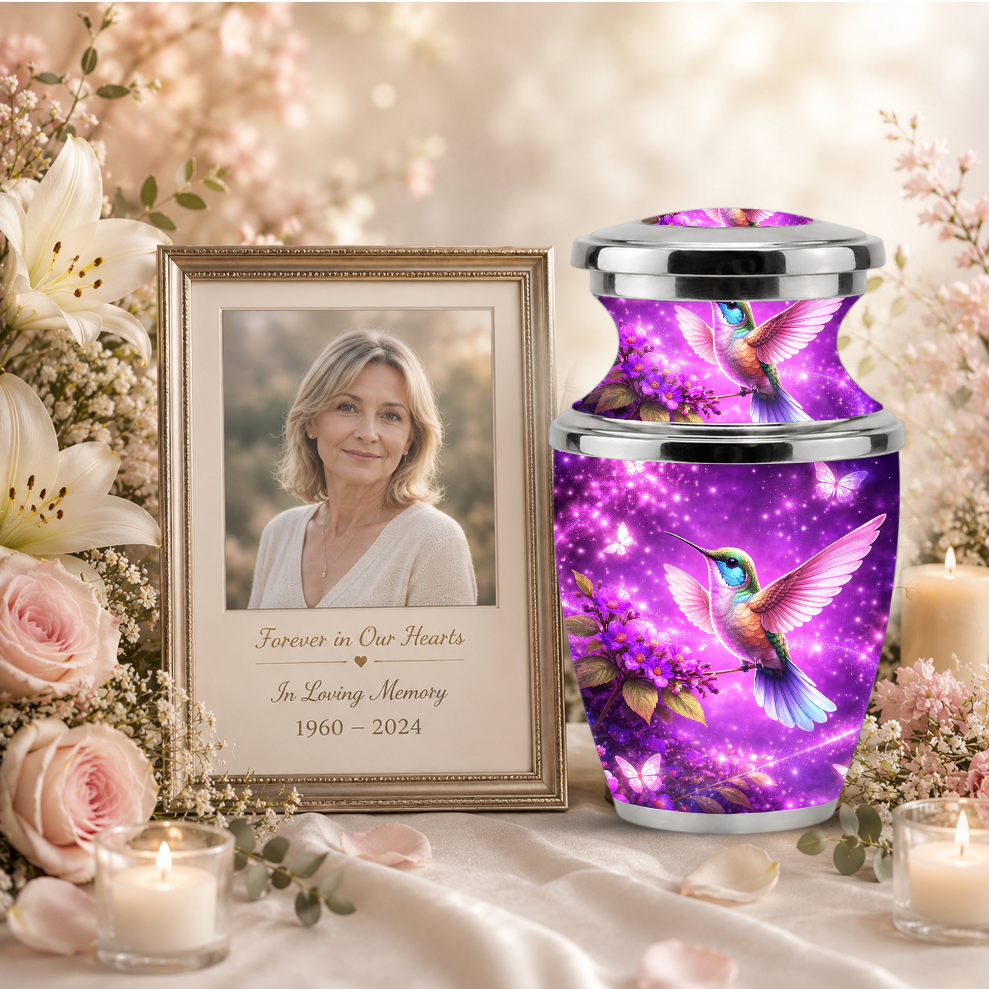 Purple Hummingbird Cremation Urn for Mom, Urn for Human Ashes, Memorial Urn for Mother