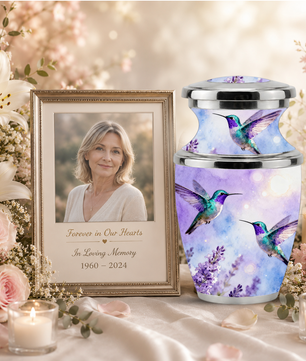 Purple Hummingbird Cremation Urn for Mom, Urn for Human Ashes, Custom Urn for Mother