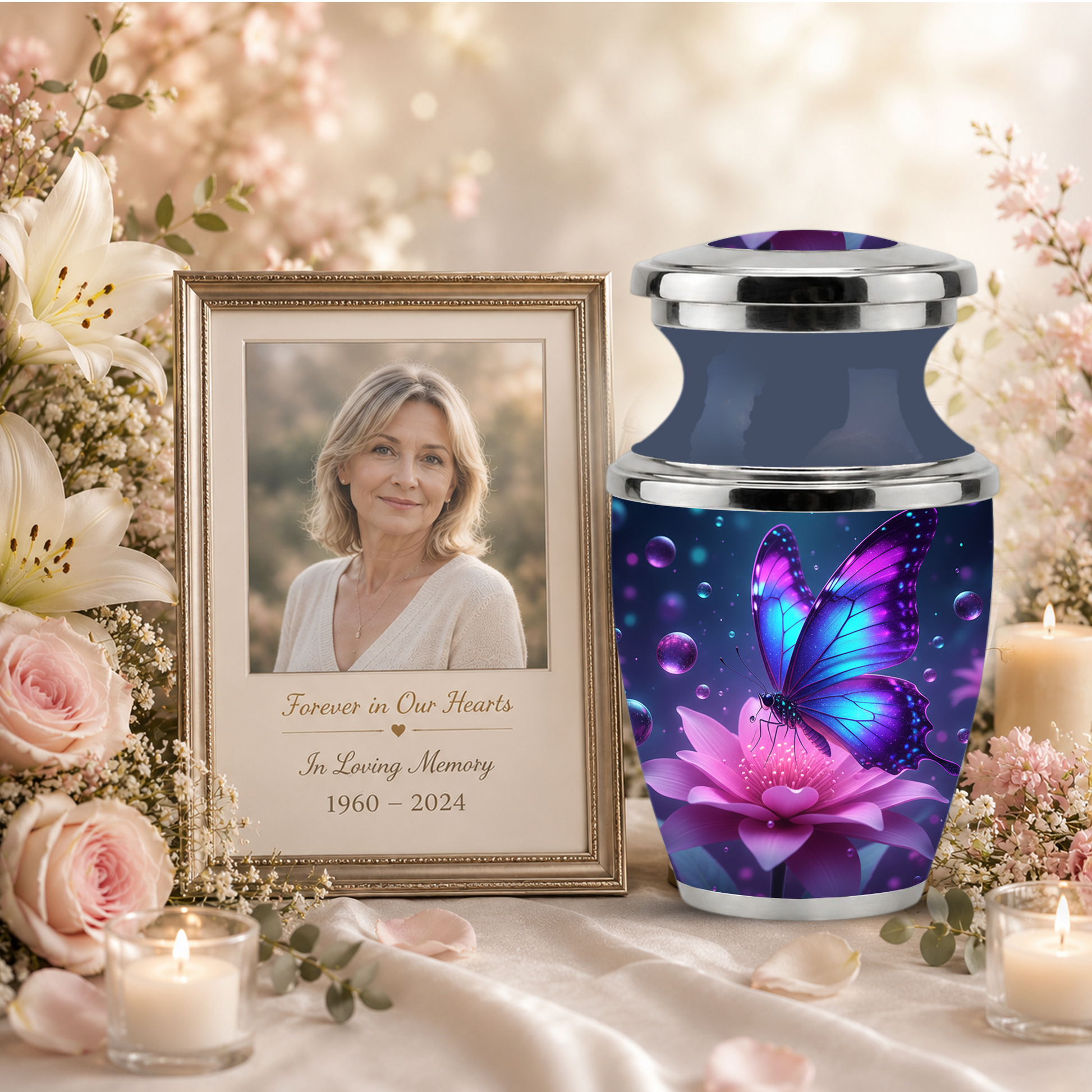 Blue Butterfly Cremation Urn for Mom, Flower Butterfly Personalized Urn for Human Ashes