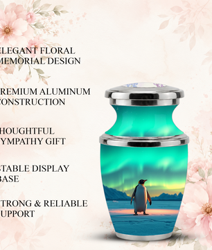 Northern Lights Penguin Cremation Urn for Human Ashes, Personalized Memorial Urn