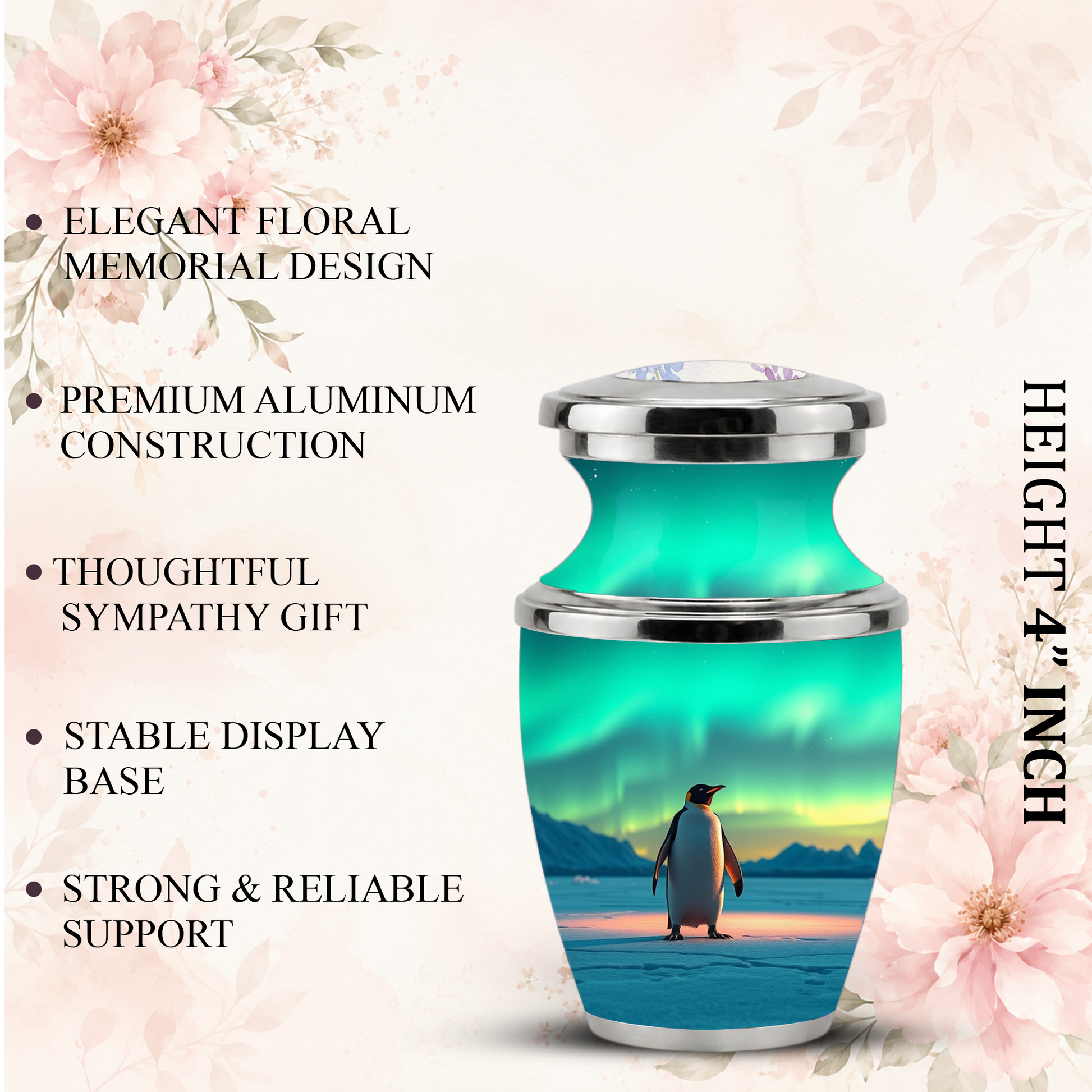 Northern Lights Penguin Cremation Urn for Human Ashes, Personalized Memorial Urn