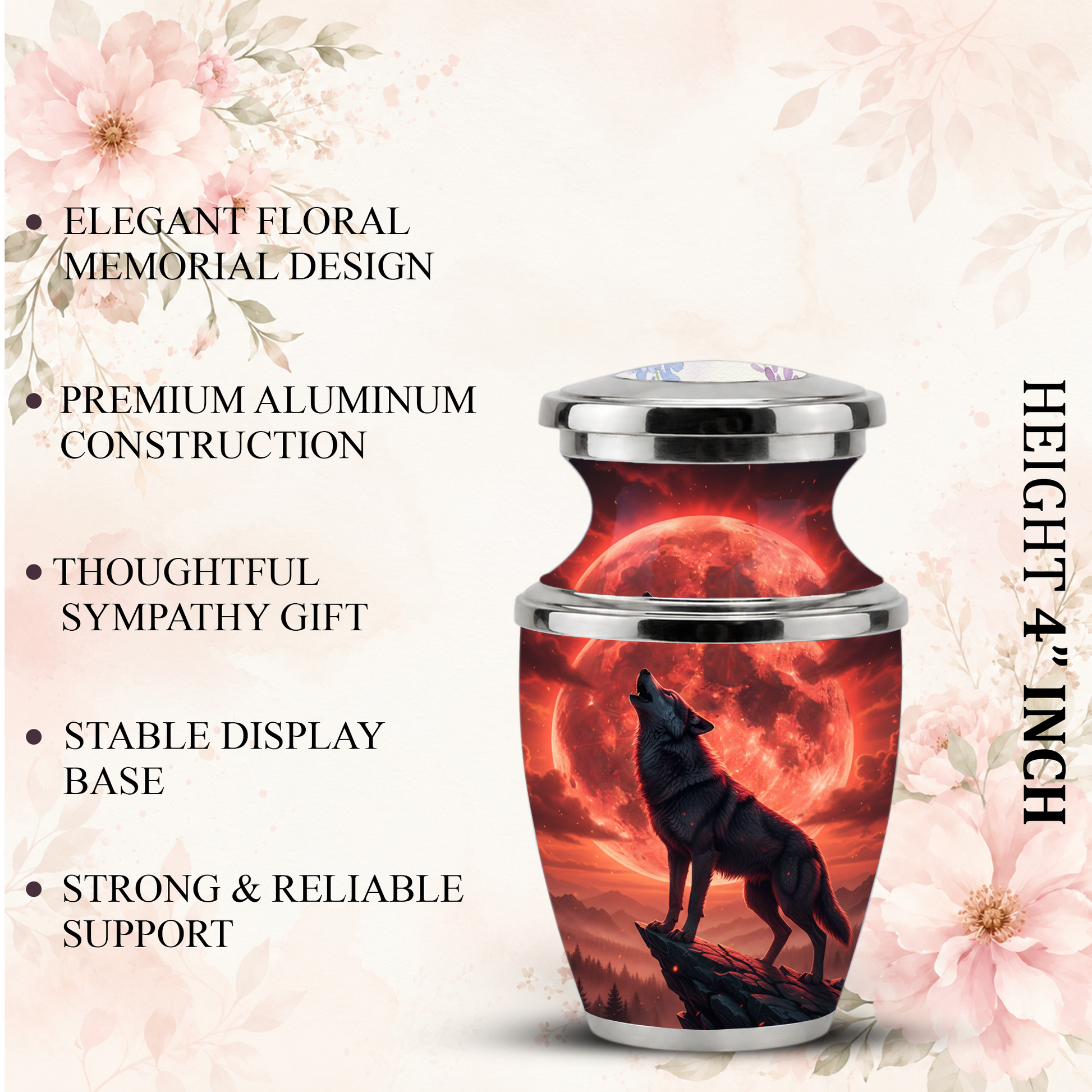 Howling Wolf Cremation Urn for Men, Red Moon Custom Memorial Urn for Father
