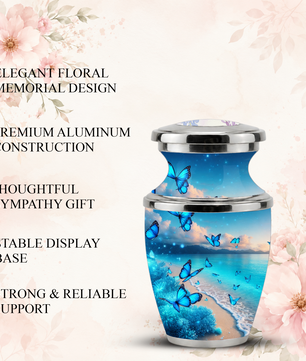 Blue Butterfly Beach Urn for Mom, Ocean Cremation Urn for Women, Butterfly Memorial Keepsake
