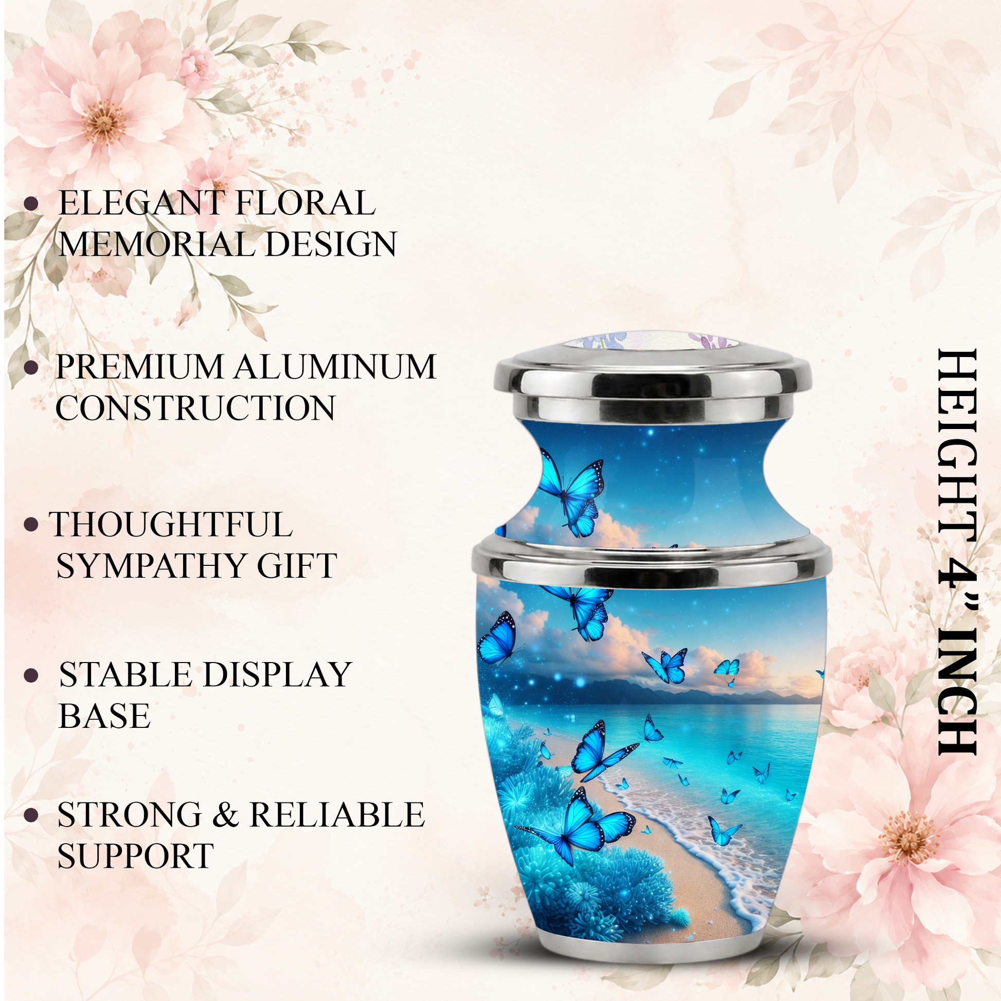 Blue Butterfly Beach Urn for Mom, Ocean Cremation Urn for Women, Butterfly Memorial Keepsake