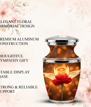 Red Rose Angel Cremation Urn for Ashes, Funeral Flower Memorial Urn for Adults