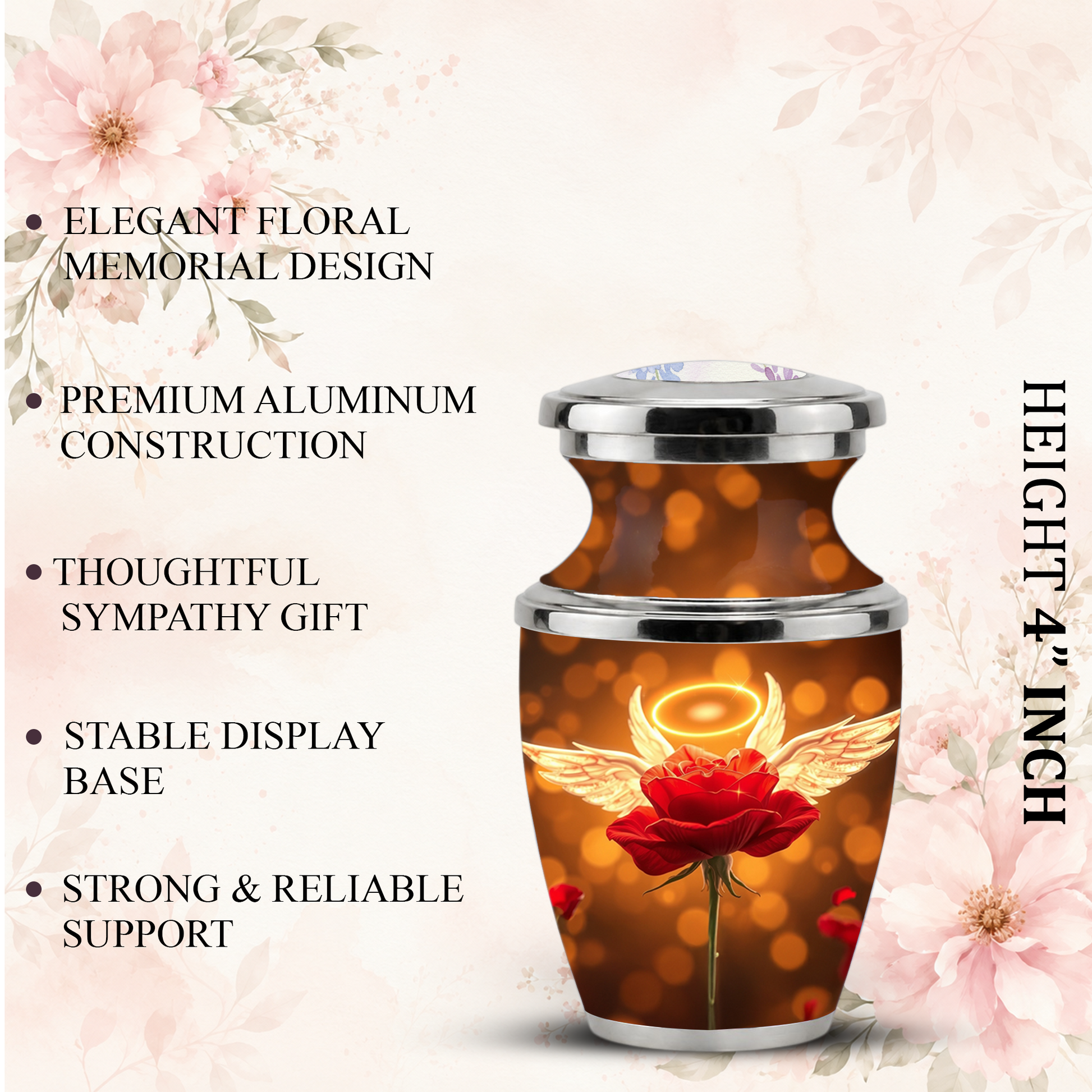 Red Rose Angel Cremation Urn for Ashes, Funeral Flower Memorial Urn for Adults