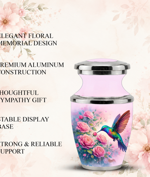 Floral Hummingbird Cremation Urn for Mom, Pink Rose Memorial Keepsake Urn