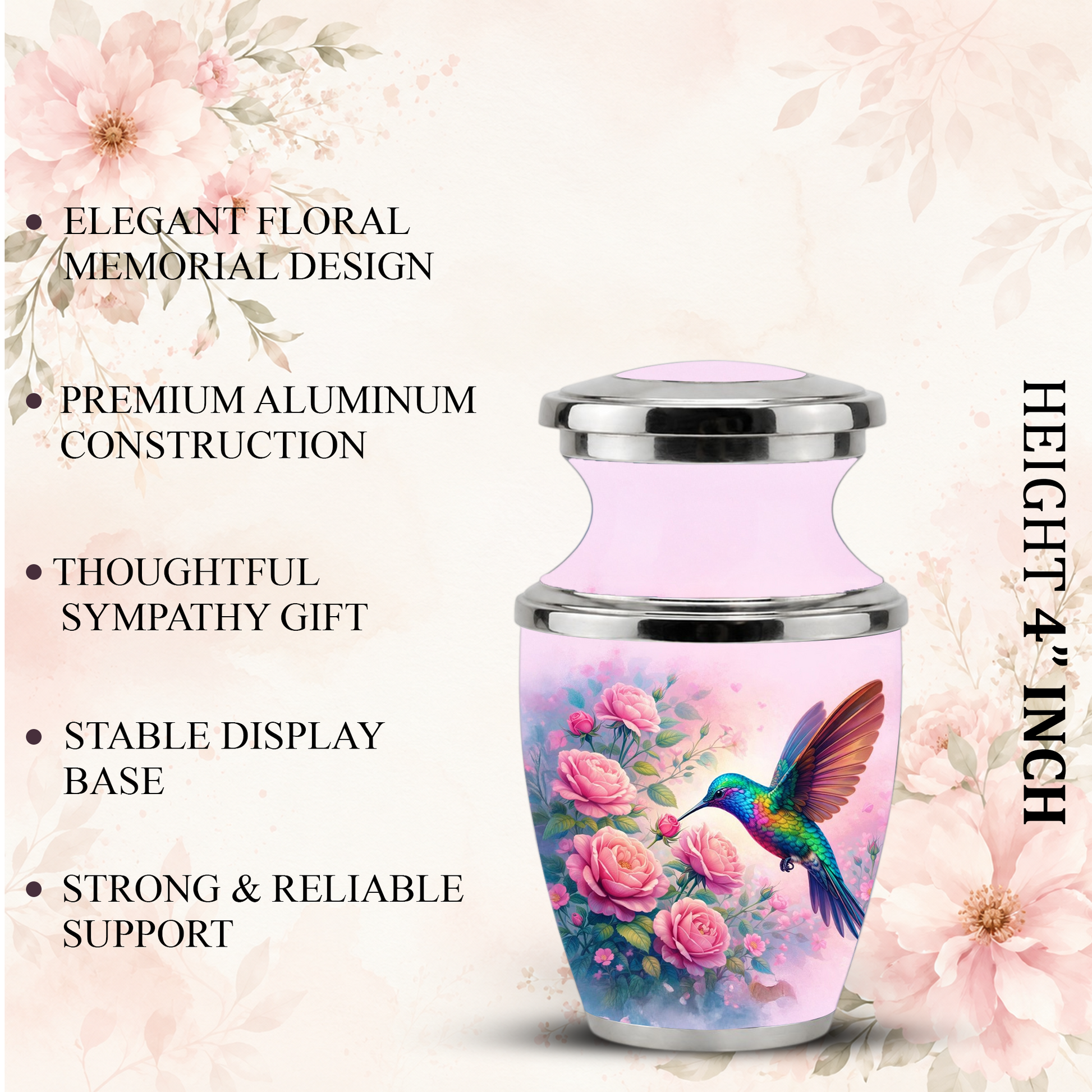 Floral Hummingbird Cremation Urn for Mom, Pink Rose Memorial Keepsake Urn