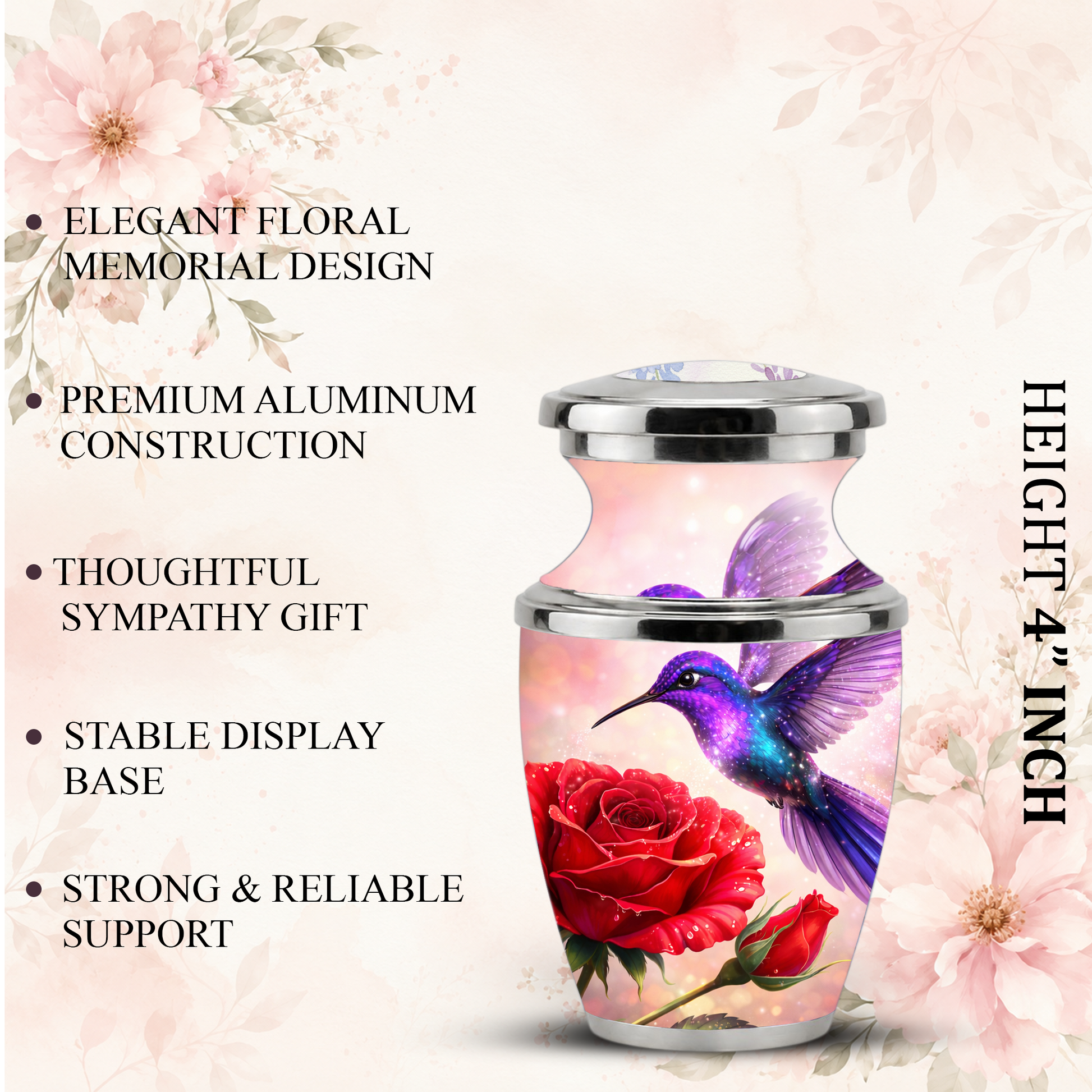 Rose Hummingbird Cremation Urn for Human Ashes, Personalized Memorial Urn for Adults