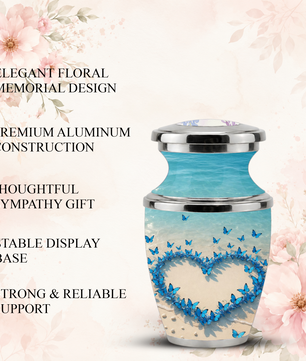 Custom Blue Butterfly Heart Cremation Urn for Mom, Beach Memorial Keepsake Urn
