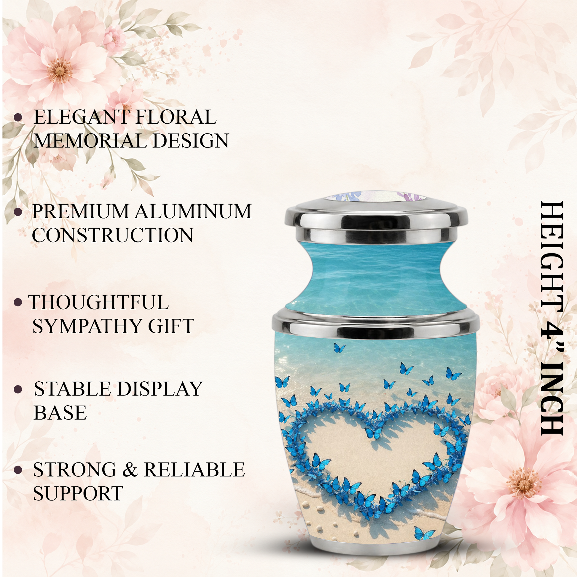 Custom Blue Butterfly Heart Cremation Urn for Mom, Beach Memorial Keepsake Urn