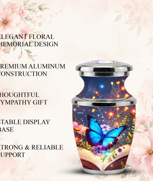 Butterfly Book Cremation Urn for Female - Blue Butterfly Floral Book Urn for Human Ashes