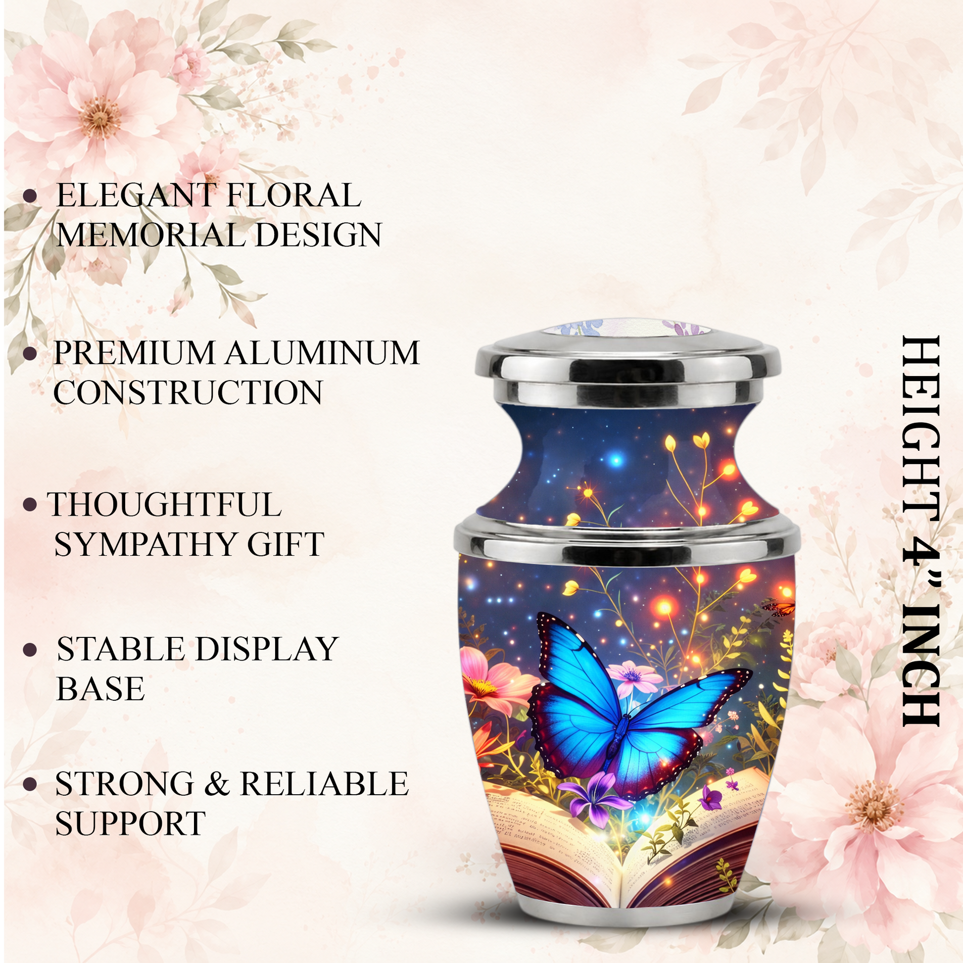 Butterfly Book Cremation Urn for Female - Blue Butterfly Floral Book Urn for Human Ashes