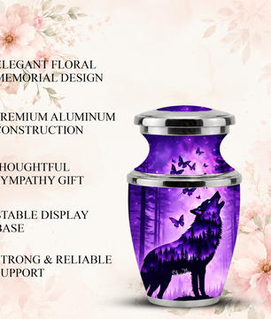 Purple Wolf Cremation Urn for Dad, Wolf Memorial Urn for Men, Wildlife Keepsake Ashes Urn for Father