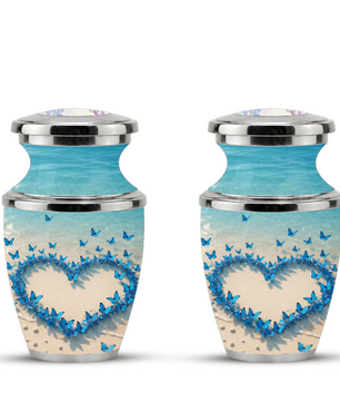 Custom Blue Butterfly Heart Cremation Urn for Mom, Beach Memorial Keepsake Urn