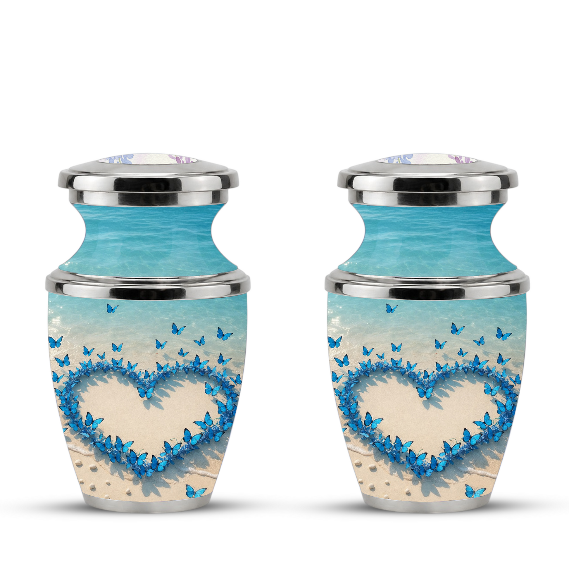 Custom Blue Butterfly Heart Cremation Urn for Mom, Beach Memorial Keepsake Urn