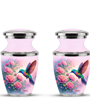 Floral Hummingbird Cremation Urn for Mom, Pink Rose Memorial Keepsake Urn