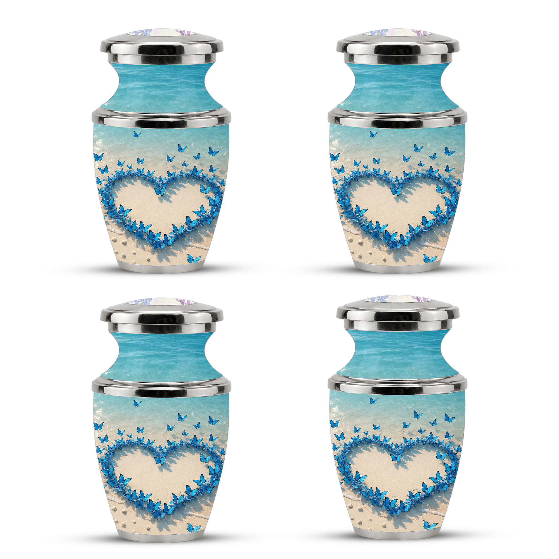 Custom Blue Butterfly Heart Cremation Urn for Mom, Beach Memorial Keepsake Urn