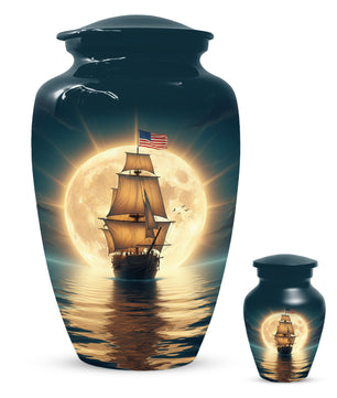 American Flag Sailing Ship Urn for Dad – Personalized Nautical Cremation Urns for Father