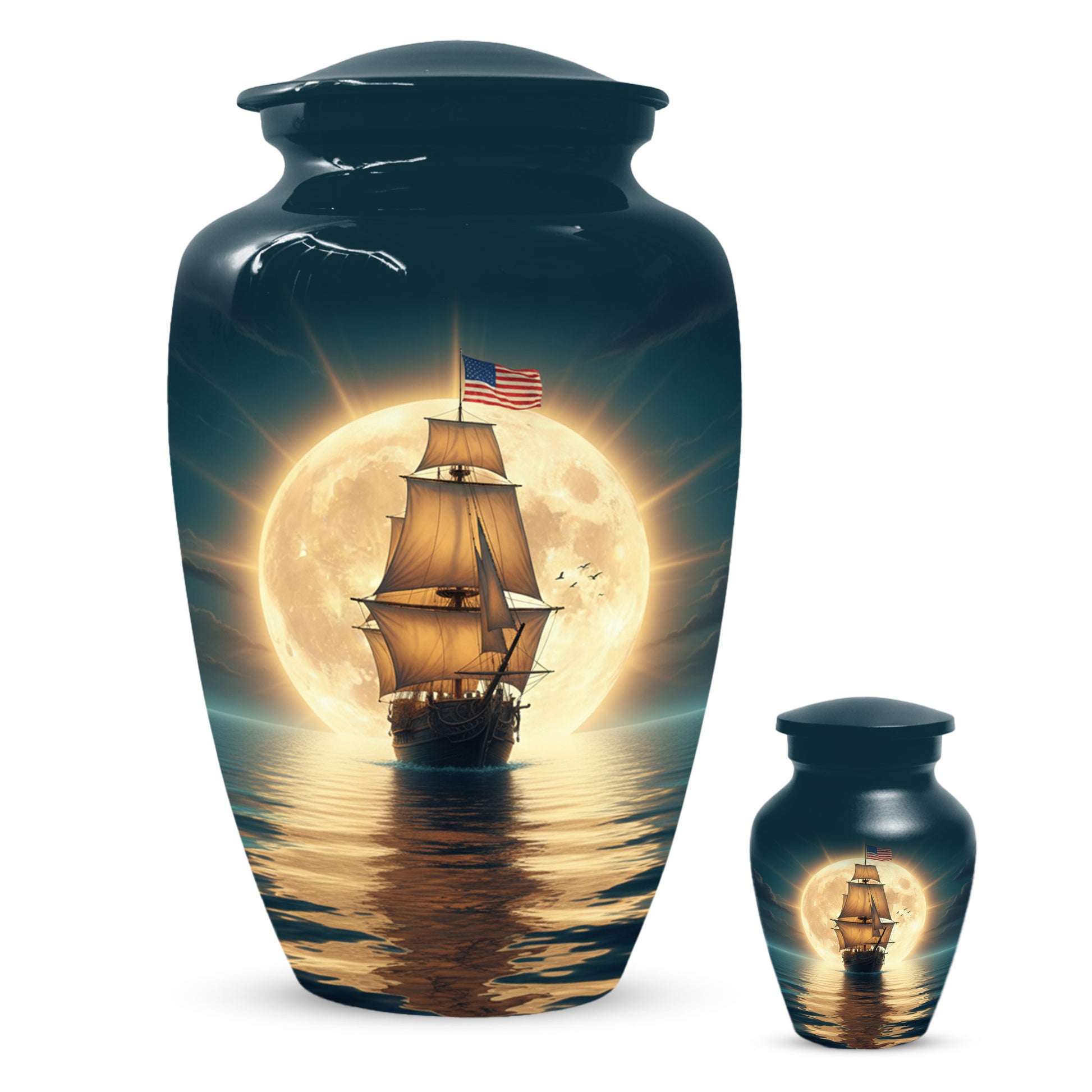 American Flag Sailing Ship Urn for Dad – Personalized Nautical Cremation Urns for Father