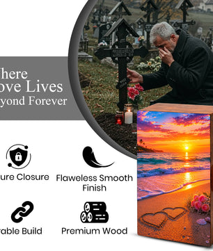 Wooden Beach Urn For Human Ashes – Ocean Heart Cremation Keepsake For Adults