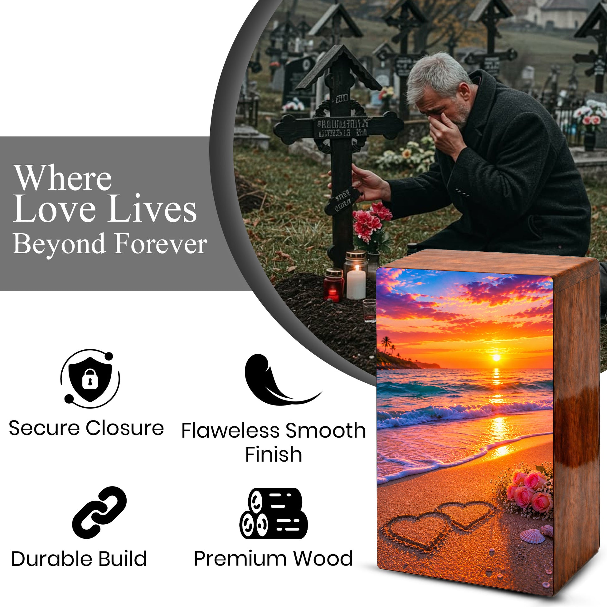 Wooden Beach Urn For Human Ashes – Ocean Heart Cremation Keepsake For Adults