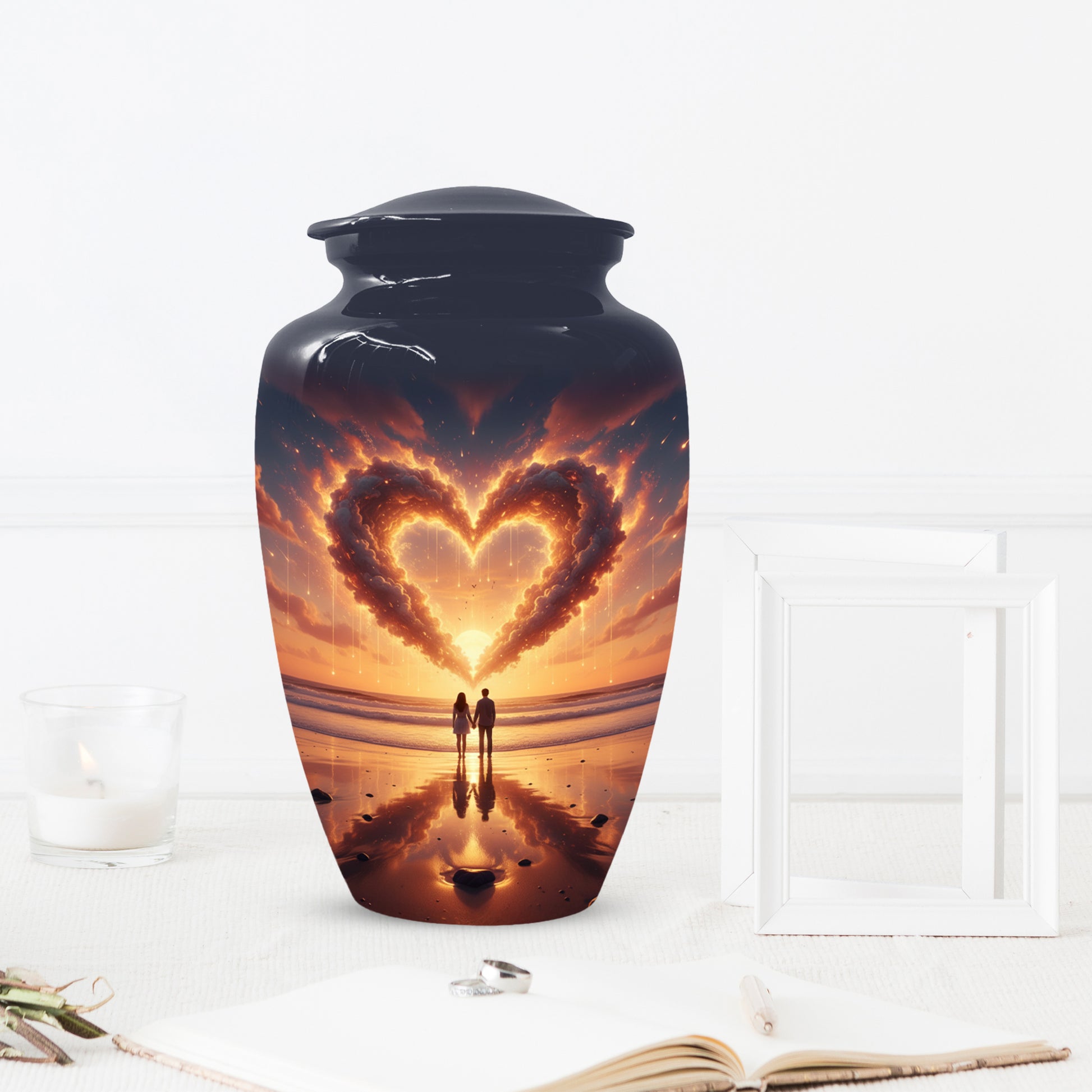 Beach Sunset Heart Adult Urn for Human Ashes | Romantic Ocean Cremation Urn for Adults