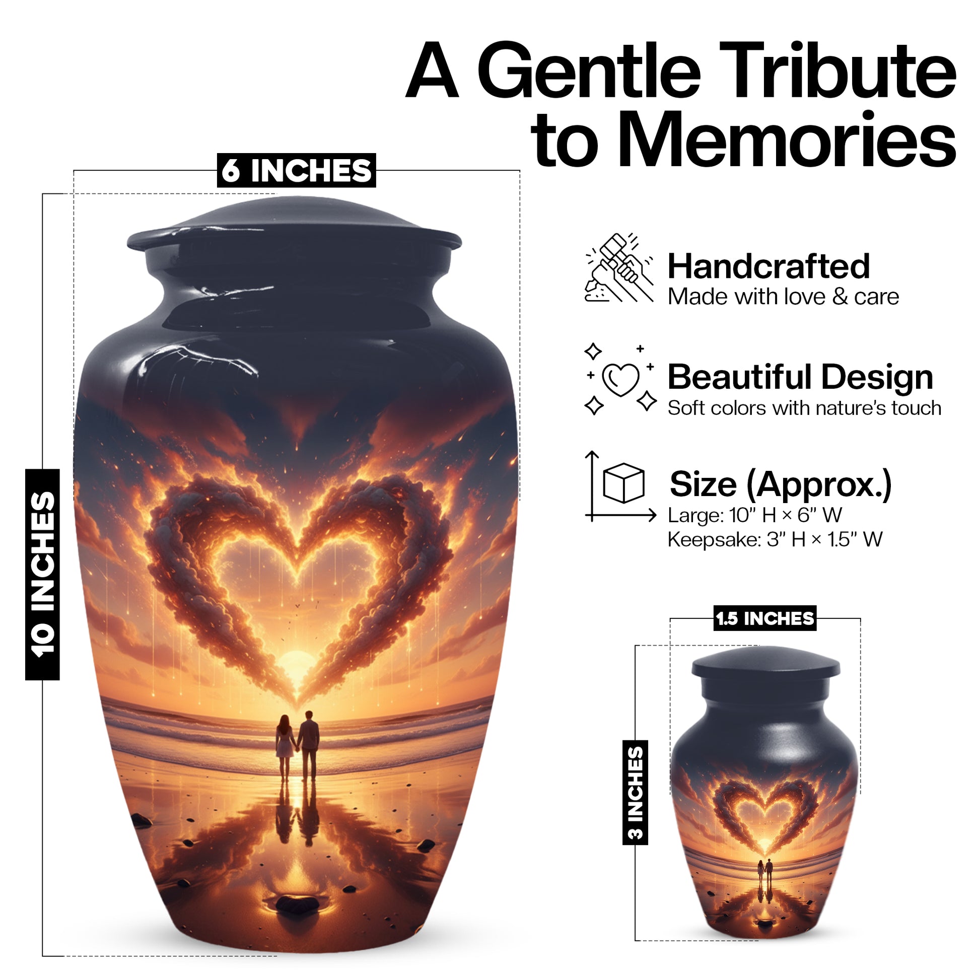 Beach Sunset Heart Adult Urn for Human Ashes | Romantic Ocean Cremation Urn for Adults
