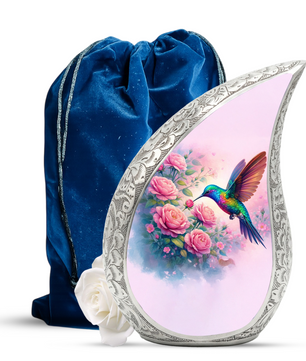 Personalized Hummingbird Cremation Urn – Custom Rose Memorial Urn for Ashes, Floral Teardrop Aluminum Adult Urn, 10 Inch
