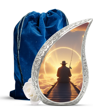 Fishing Personalized Cremation Urn for Dad – Teardrop Style Aluminum Memorial Urn, 10 Inch