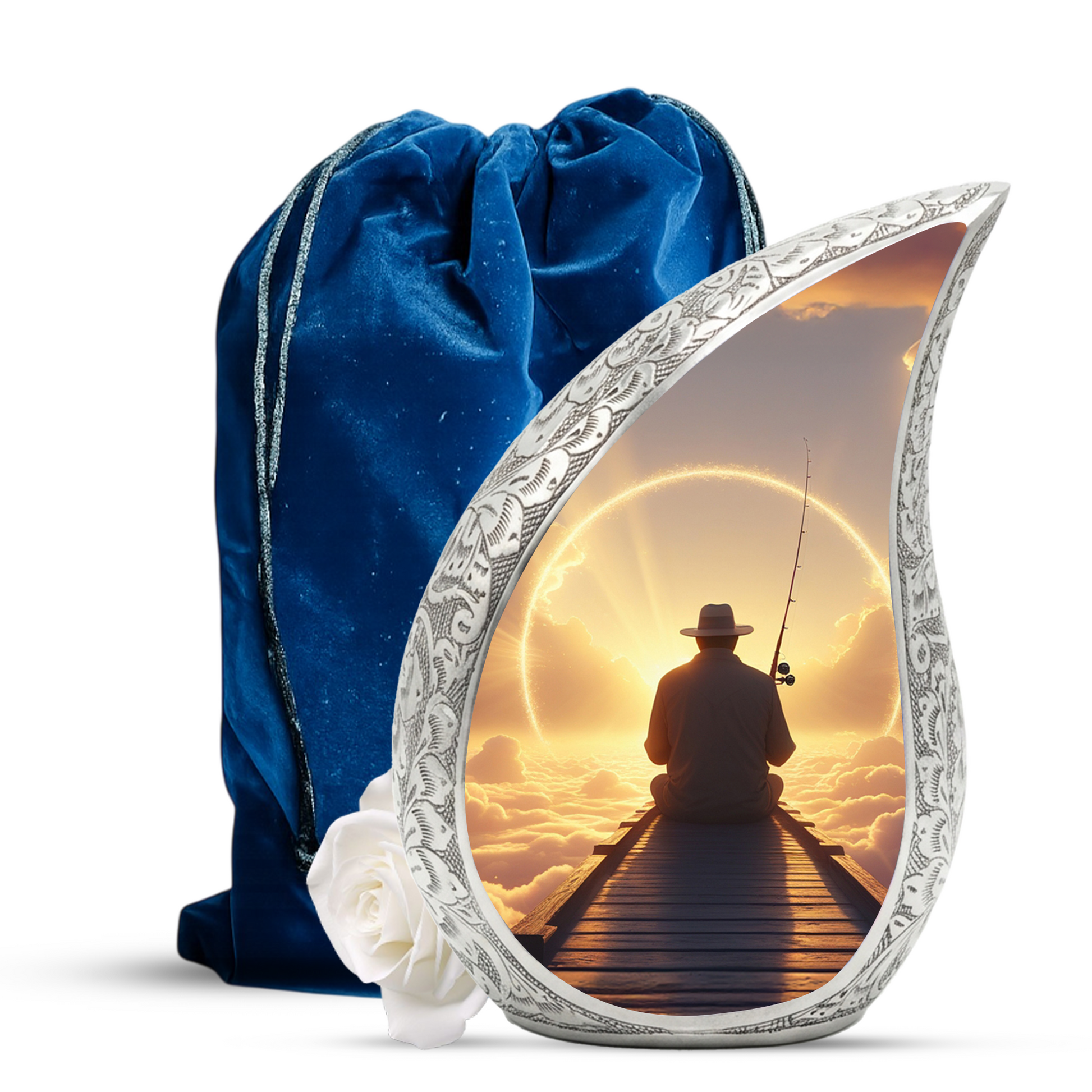 Fishing Personalized Cremation Urn for Dad – Teardrop Style Aluminum Memorial Urn, 10 Inch