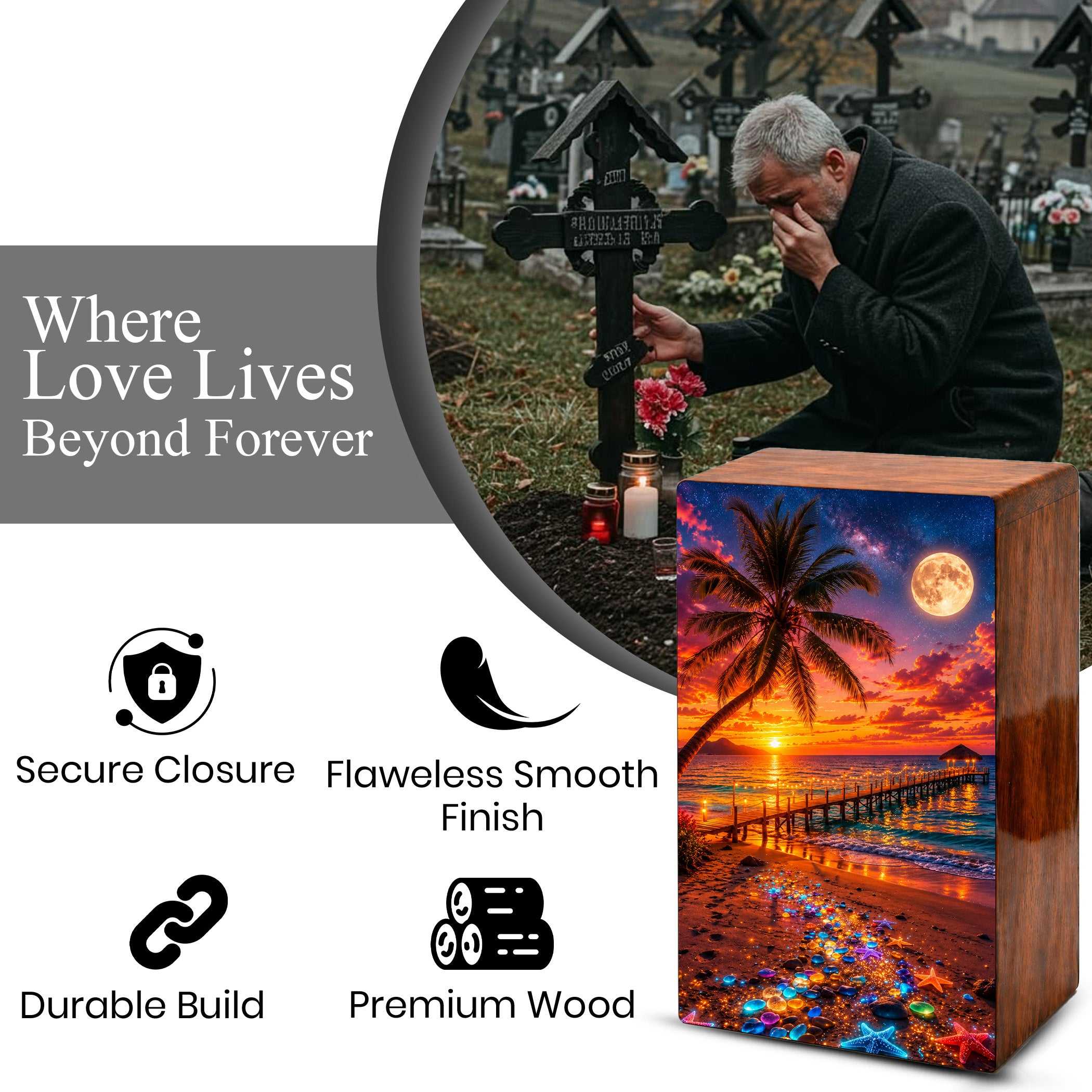 Beach Themed Mini Urn – Moonlit Ocean Memorial Urn for Human Ashes