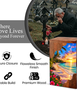 Tropical Beach Wooden Cremation Urn – Sunset Ocean Memorial Urn with Island Paradise Artwork