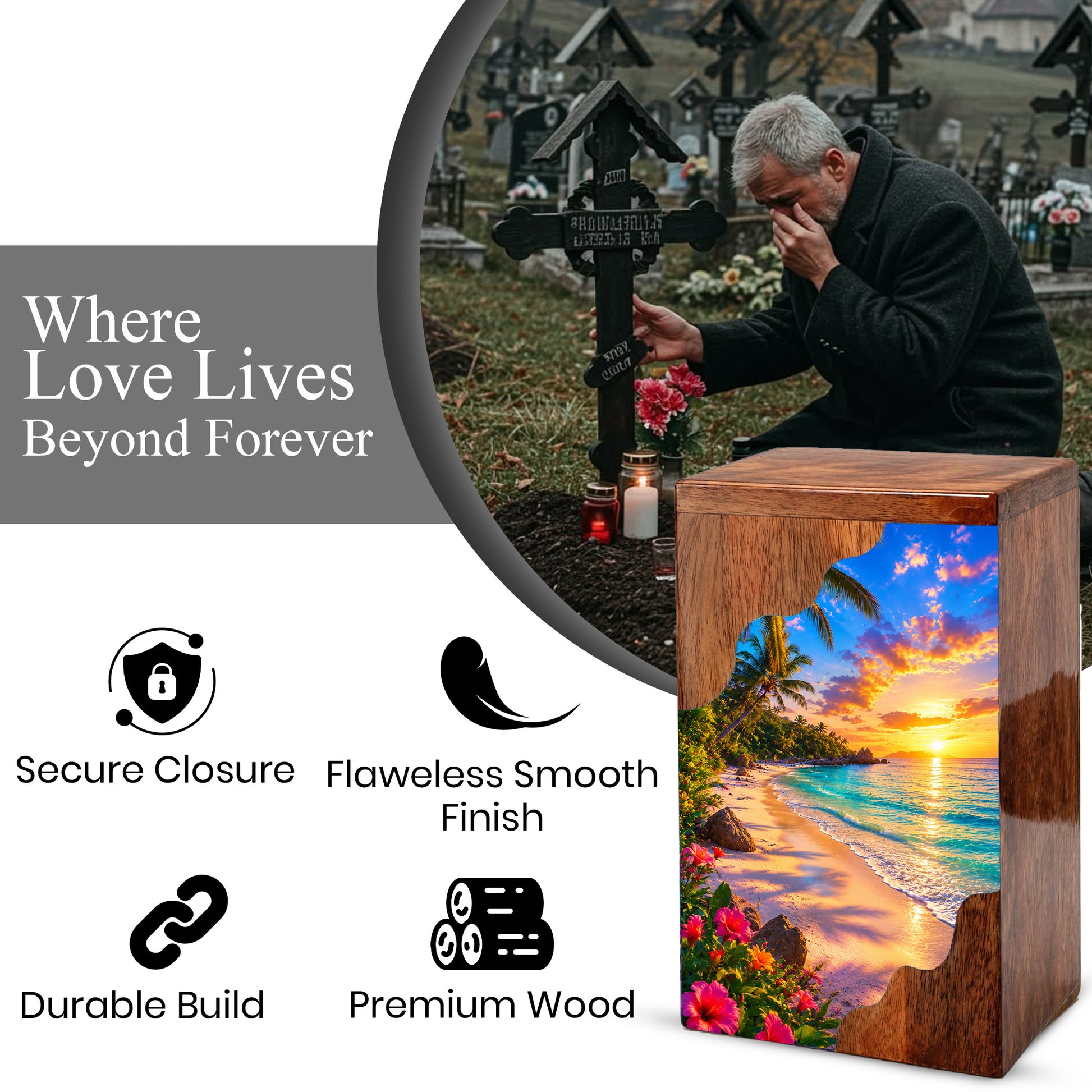 Tropical Beach Wooden Cremation Urn – Sunset Ocean Memorial Urn with Island Paradise Artwork