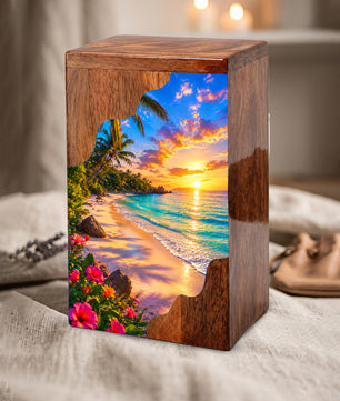 Tropical Beach Wooden Cremation Urn – Sunset Ocean Memorial Urn with Island Paradise Artwork