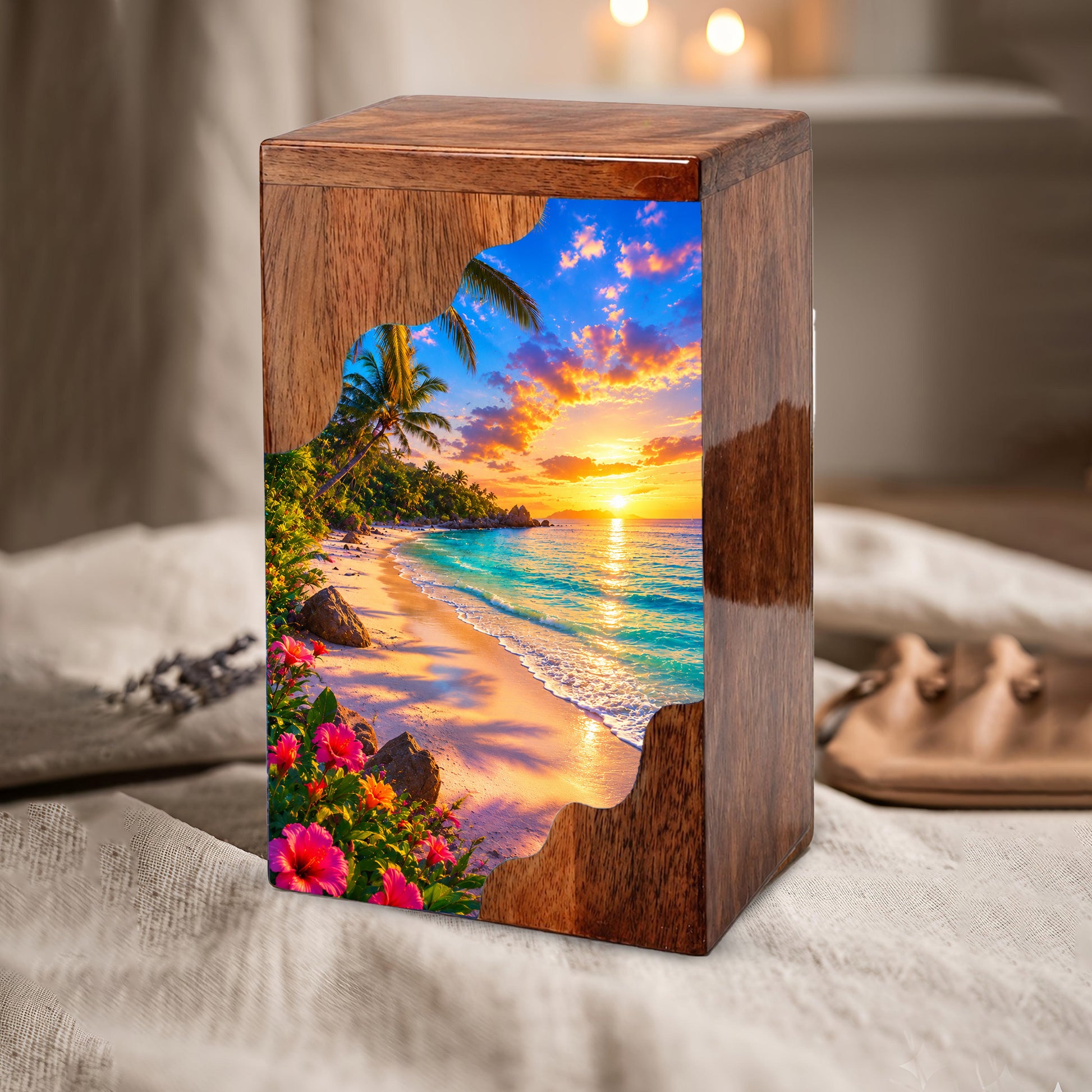 Tropical Beach Wooden Cremation Urn – Sunset Ocean Memorial Urn with Island Paradise Artwork
