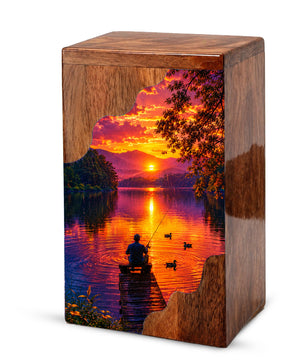 Gone Fishing Wooden Cremation Urn – Sunset Lake Memorial Urn for Human Ashes