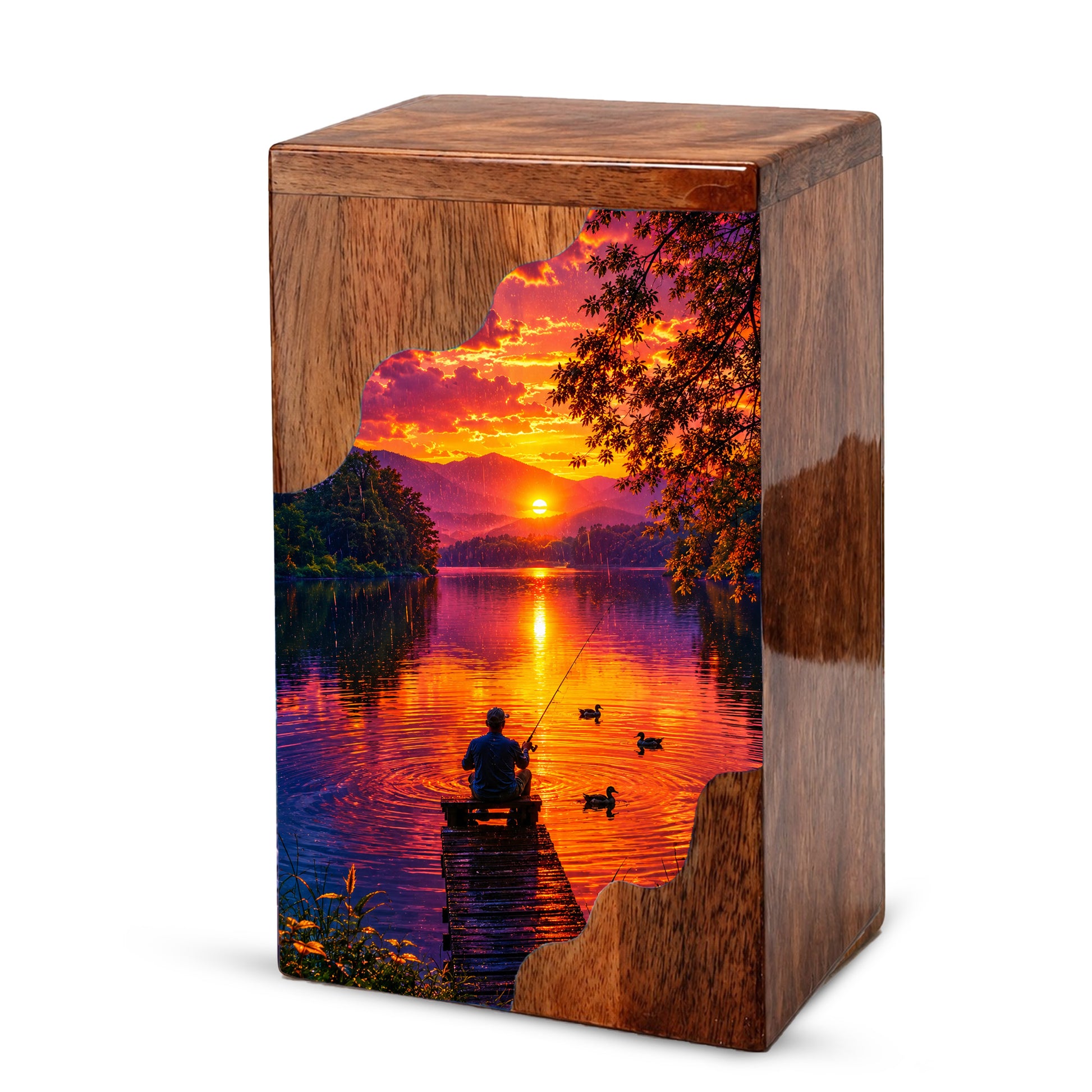 Gone Fishing Wooden Cremation Urn – Sunset Lake Memorial Urn for Human Ashes