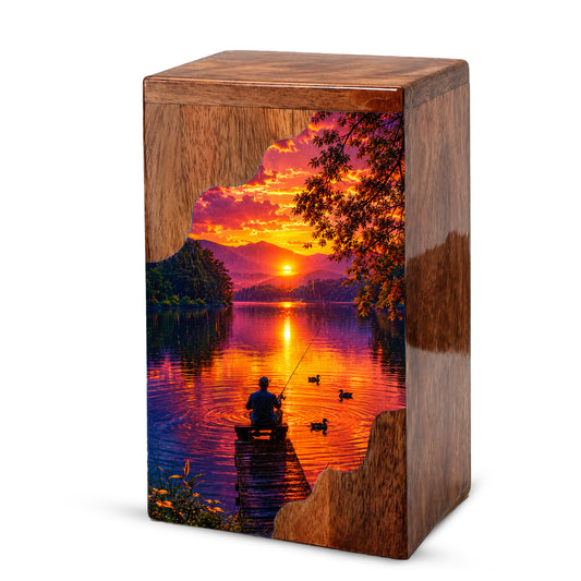 Gone Fishing Wooden Cremation Urn – Sunset Lake Memorial Urn for Human Ashes