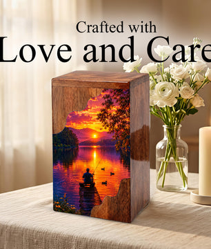 Gone Fishing Wooden Cremation Urn – Sunset Lake Memorial Urn for Human Ashes